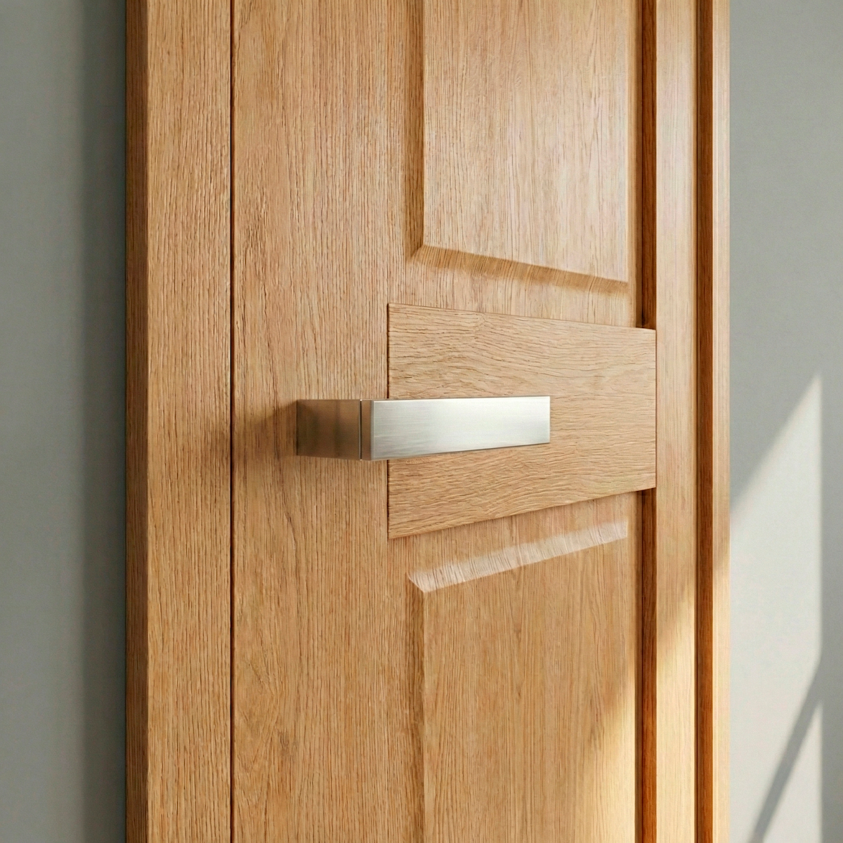 Vanguardista manilla modelo Eros '1045' con roseta rectangular acabado níquel satinado para puertas
