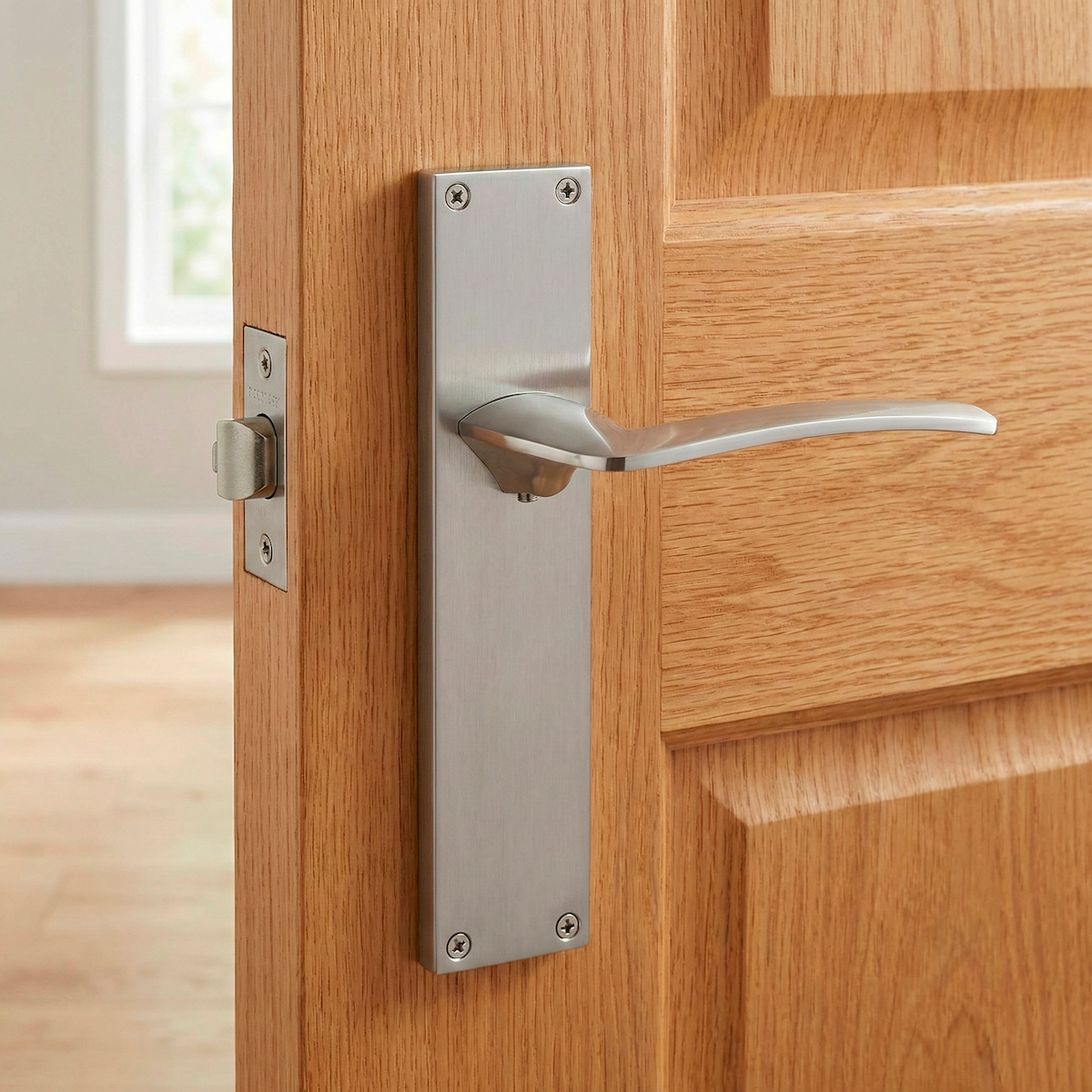 Manilla modelo '340' con placa rectangular para puertas de zamak acabado níquel satinado