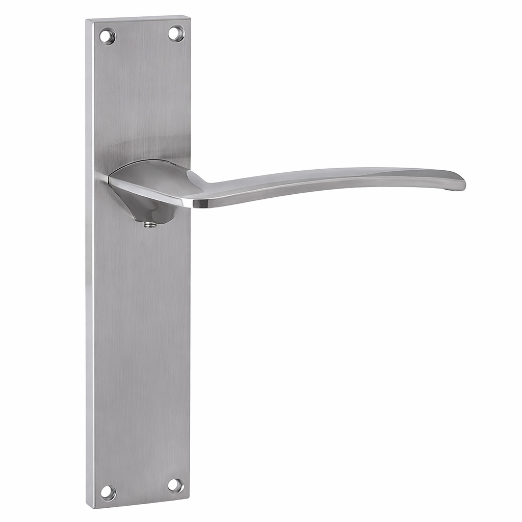 Manilla modelo '340' con placa rectangular para puertas de zamak acabado níquel satinado