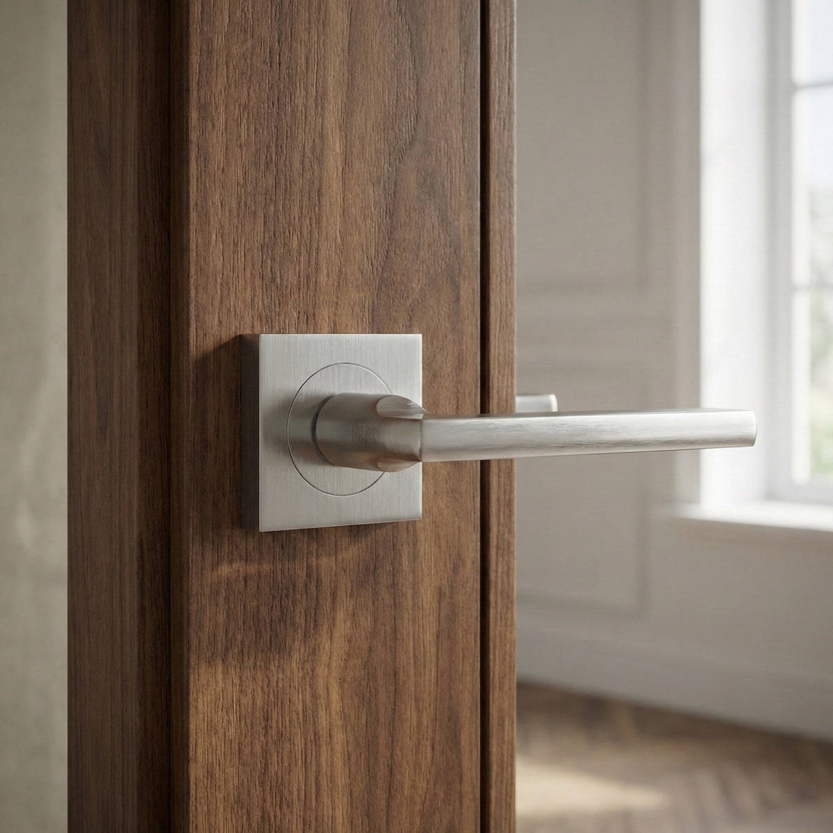 Manilla modelo Rental '530A' roseta cuadrada de aluminio para puertas acabado níquel satinado