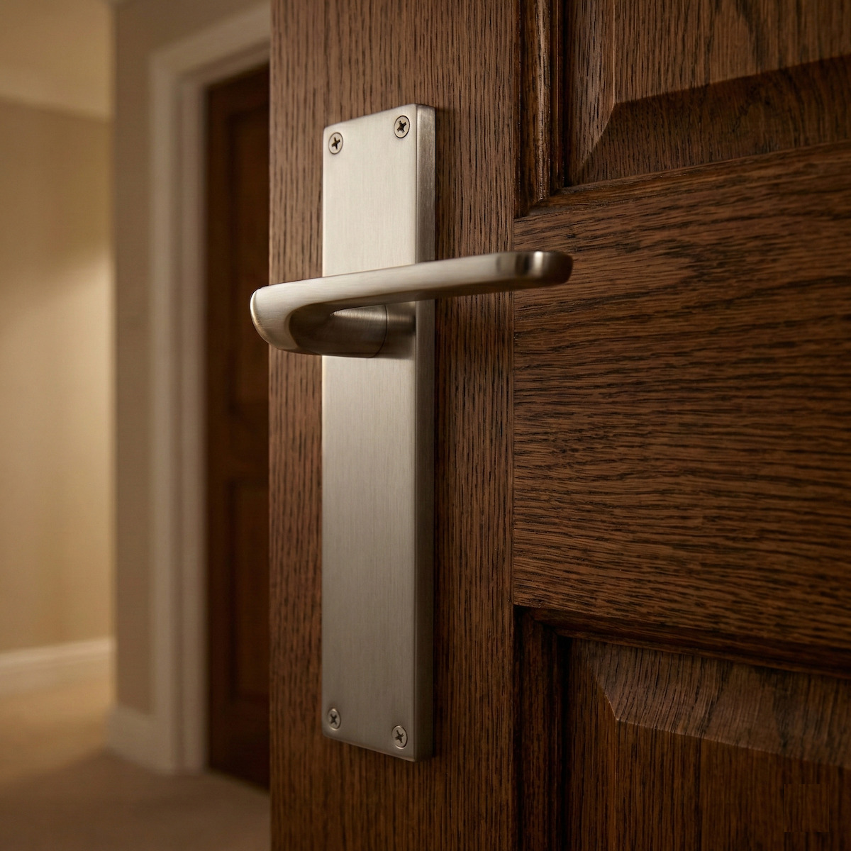 Manilla modelo 559 con placa rectangular de zamak acabado níquel satinado para puertas