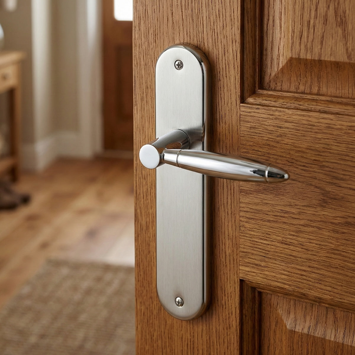 Manilla de zamak con placa ovalada acabado níquel combinado para puertas modelo '630'