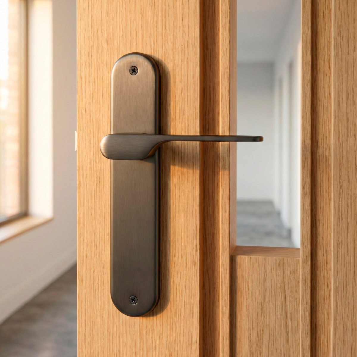 Manilla modelo '640' con placa oval para puertas de zamak en acabado grafito con asa moderna