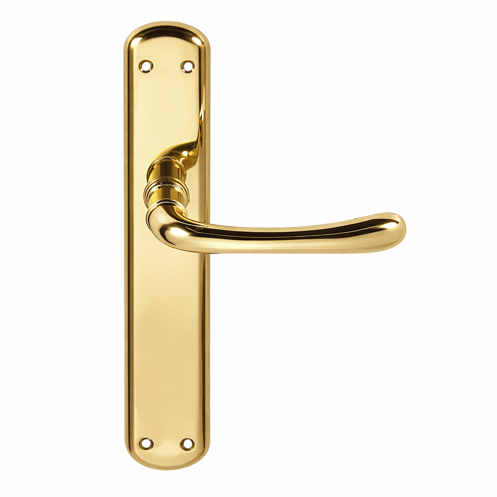 Manilla modelo '6501' de zamak acabado dorado brillo con placa ovalada para puertas