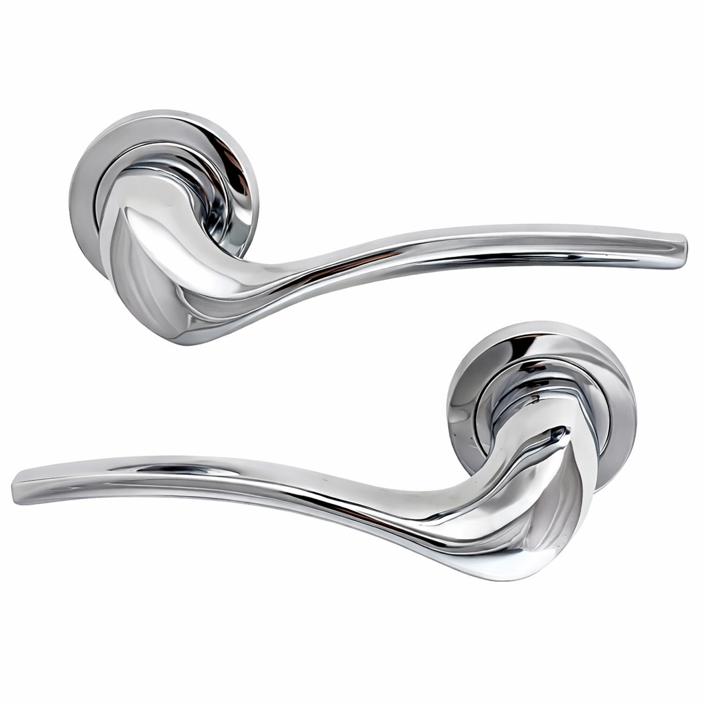 Manilla modelo '930' ondulada Iris de zamak con roseta redonda acabado cromo brillo para puertas