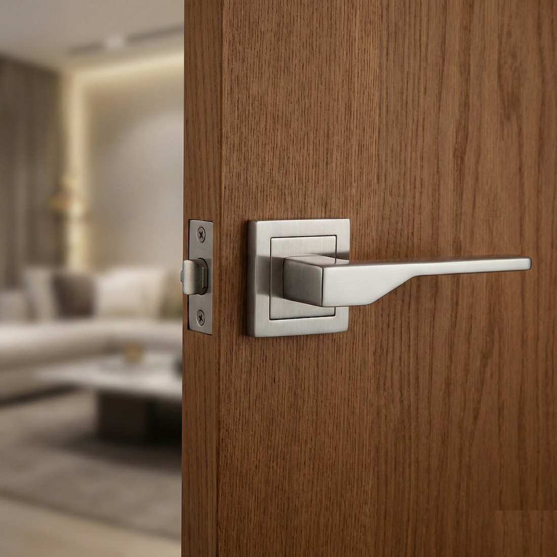 Manilla elegante de zamak con roseta cuadrada acabado níquel satinado para puertas modelo '520'