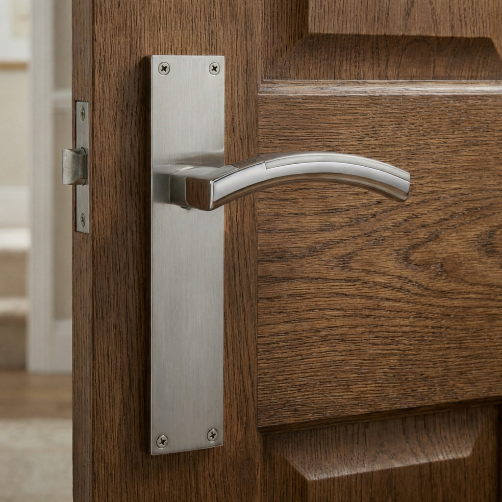 Manilla modelo '420' de zamak en acabado bicolor con placa rectangular para puertas