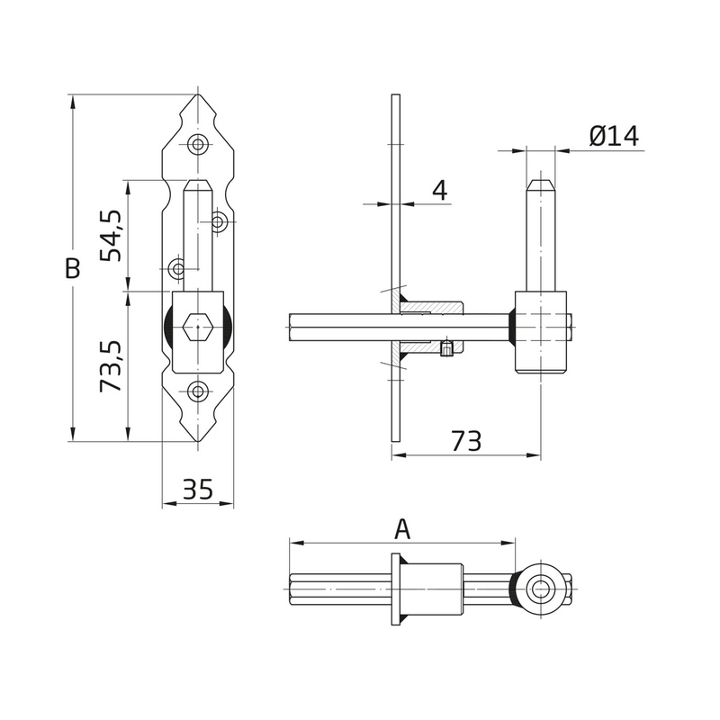 Pernio gótico regulable para pernios regulables con eje de 14mm expansible de 133 a 163mm