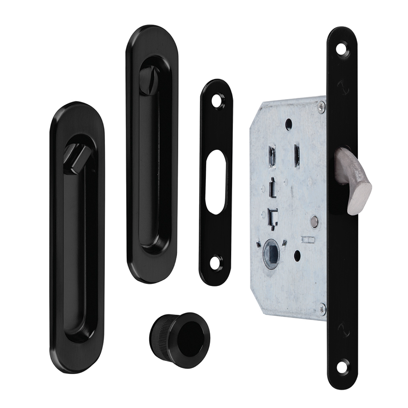 Kit para puerta corredera de picaporte más condena y uñeros ovalados en acabado negro