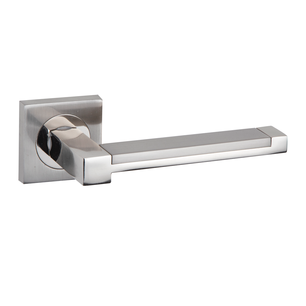 Manilla de zamak modelo 610 con roseta cuadrada en acabado níquel combinado para puertas