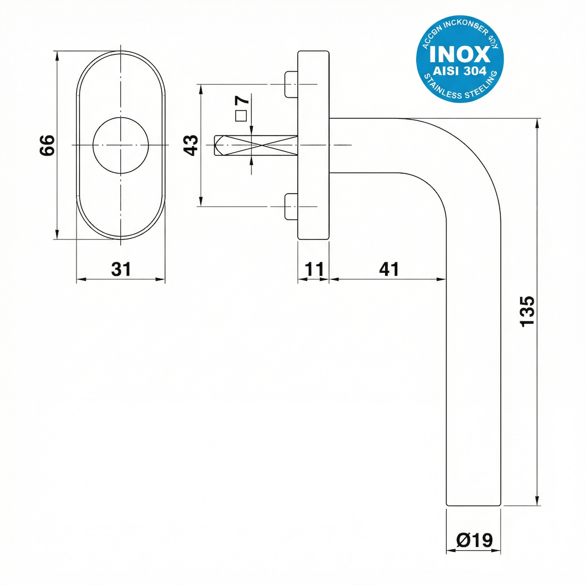 Manilla curva de acero inoxidable de 3 posiciones con roseta ovalada ideal para ventanas