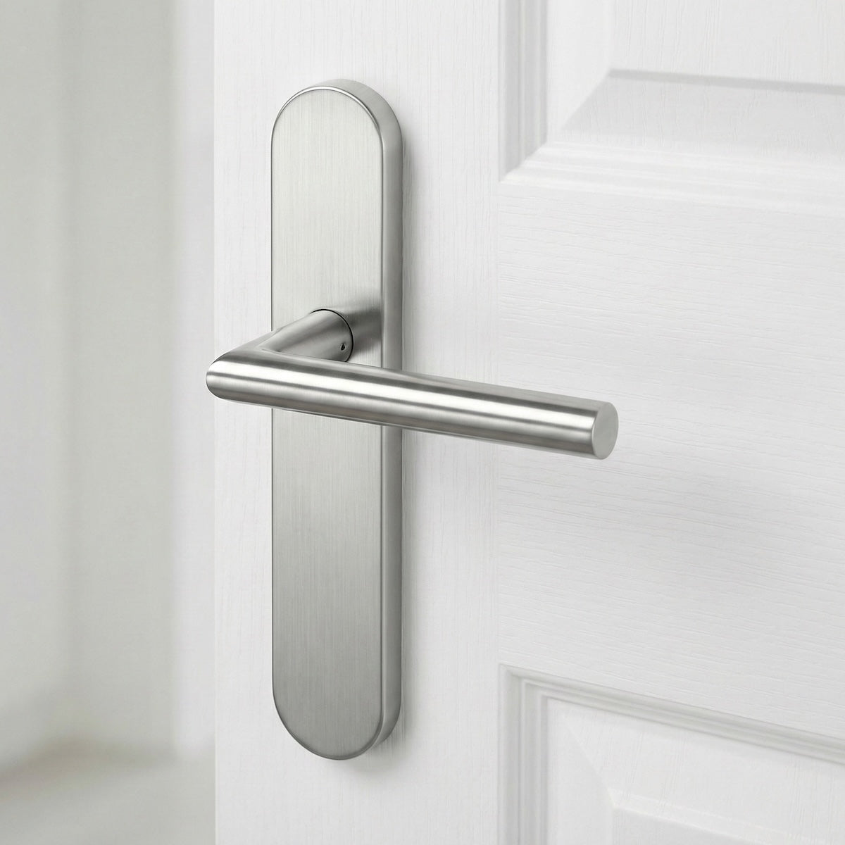Manilla de acero inoxidable con placa ovalada y tornillos ocultos para puertas modelo '503'