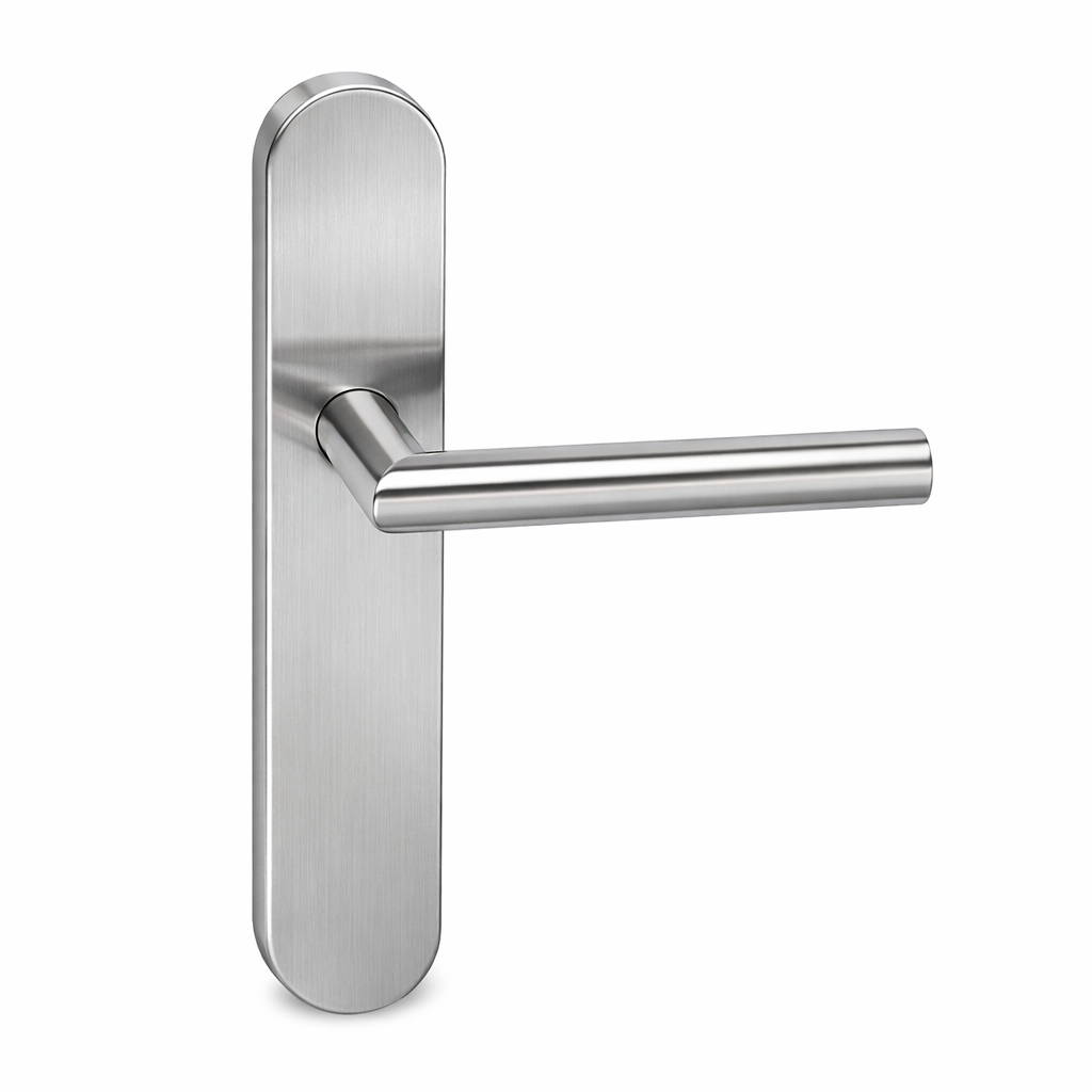 Manilla de acero inoxidable con placa ovalada y tornillos ocultos para puertas modelo '503'