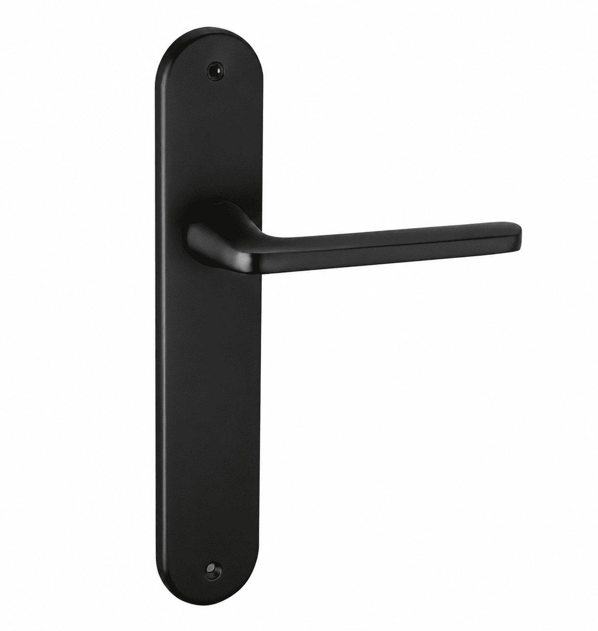 Manilla con placa ovalada de aluminio acabado negro para puertas de interior con manivela de líneas rectas.