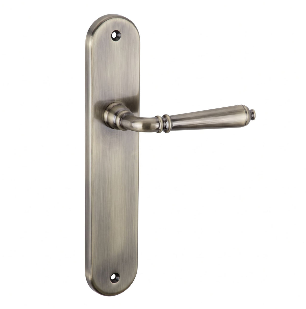 Manilla con placa ovalada de aluminio en bronce mate con diseño clásico para puertas de interior.