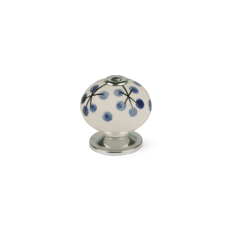 Pomo de porcelana y acero con dibujo azul de 40mm de diámetro para muebles