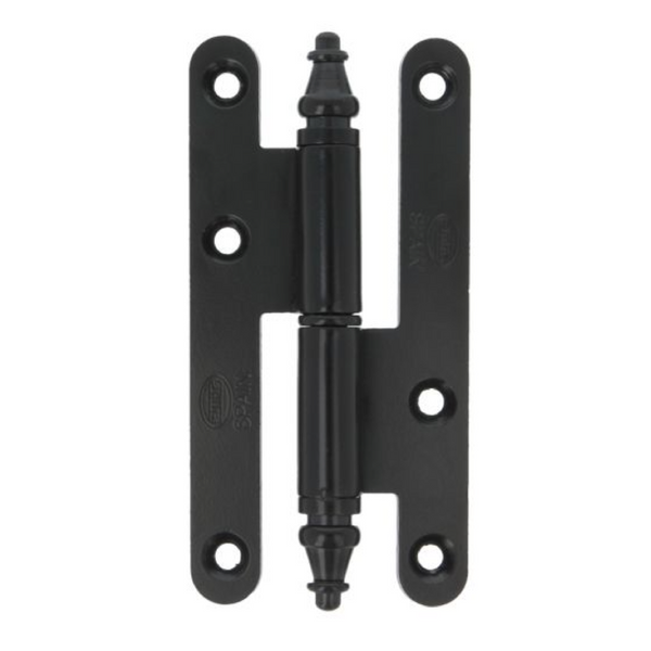 Pernio de puerta de canto redondo en acabado negro con remate de 140 x 55 mm