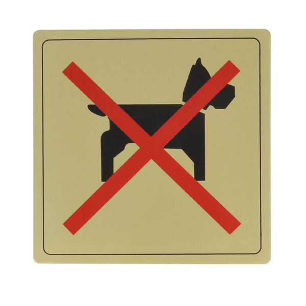 Cartel cuadrado adhesivo de prohibido perros aluminio dorado 140mm