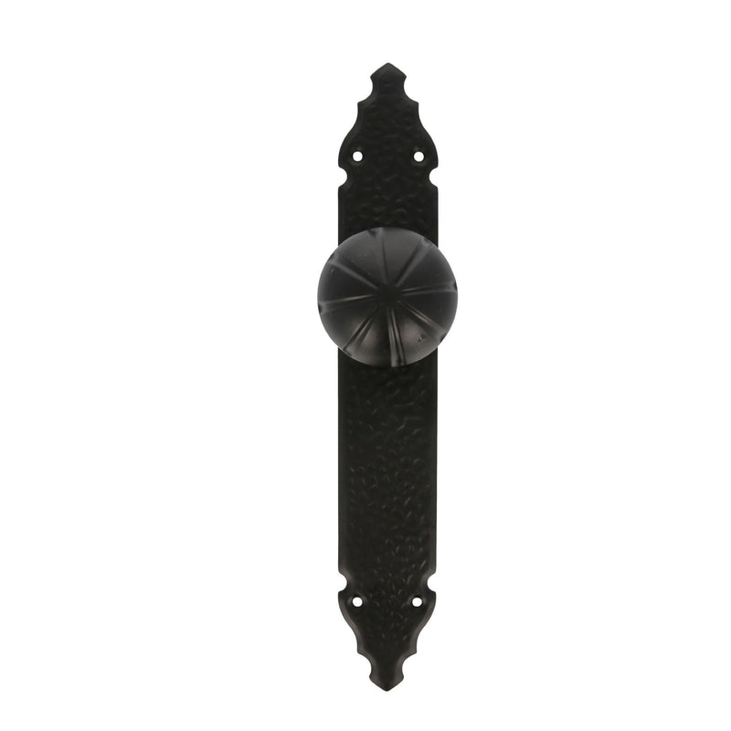Pomo giratorio con placa martillada rústica en acabado negro de 280x45mm
