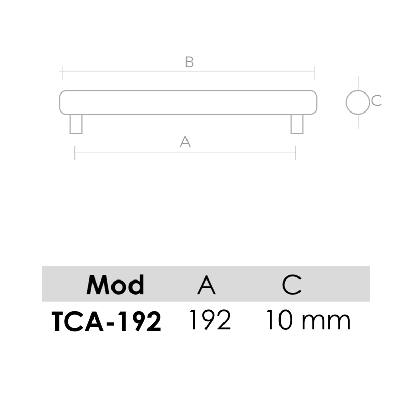 Medidas de Tirador modelo TCA de aluminio para muebles y armarios con 192mm entre ejes