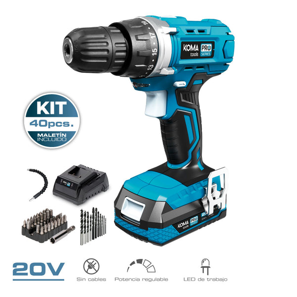 Kit Maletin Taladro Atornillador Con 40 Accesorios 20V Con Batería Y Cargador Koma Tools