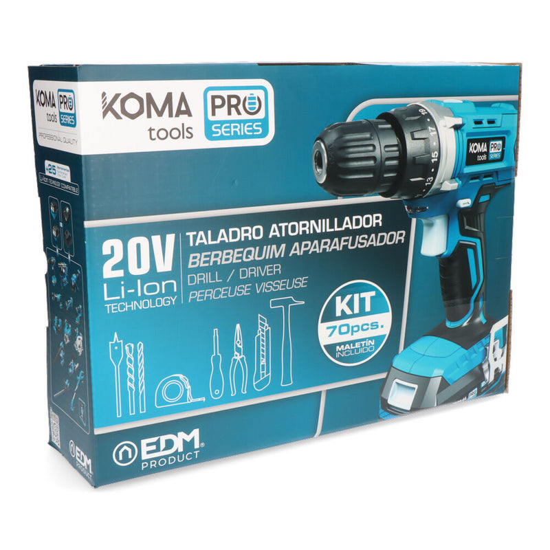 Kit Maletin Taladro Atornillador Con 70 Accesorios 20V Con Batería Y Cargador Koma Tools