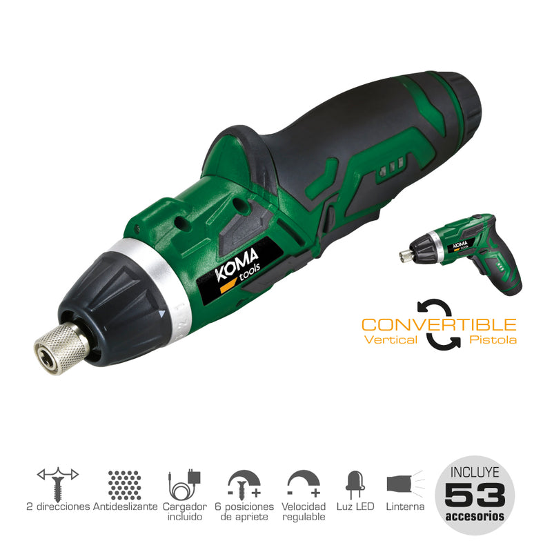 Reversible Cordless Screwdriver 3.6V Lithium 1300mAh With 53 Accessories 17.5x14.8cm Koma Tools