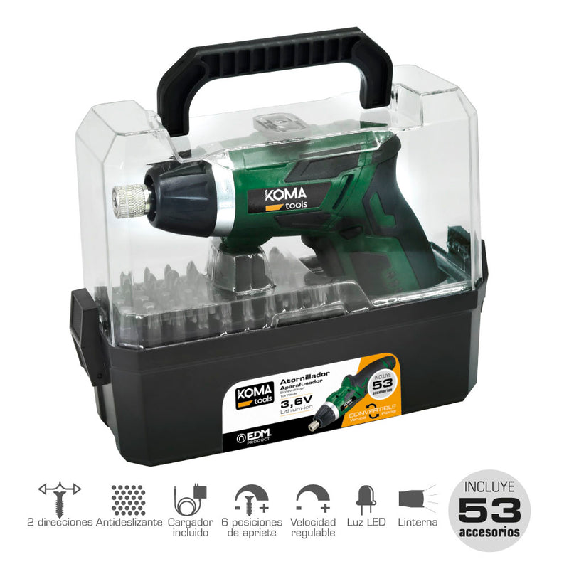 Reversible Cordless Screwdriver 3.6V Lithium 1300mAh With 53 Accessories 17.5x14.8cm Koma Tools