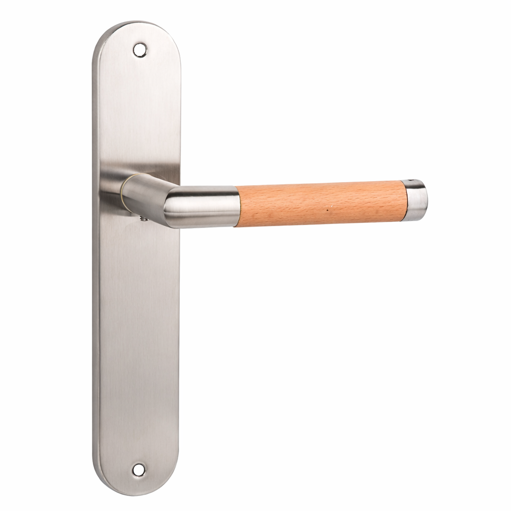 Vanguardista manilla modelo '1003' con placa ovalada en acero inoxidable y madera para puertas