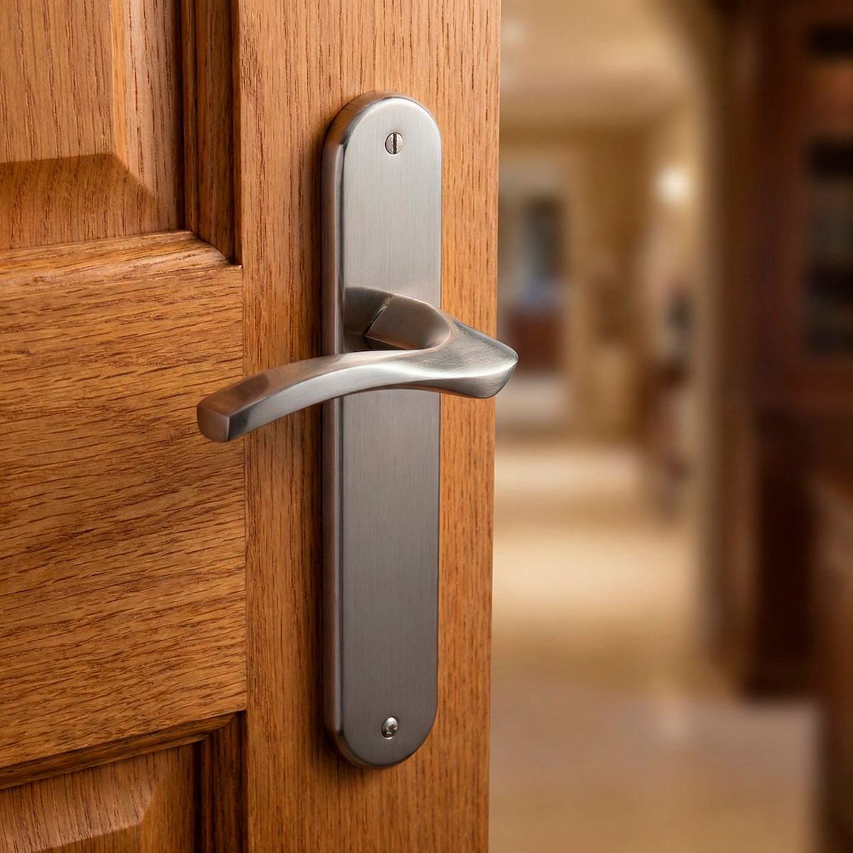 Manilla moderna modelo '1027' con placa ovalada acabado níquel satinado para puertas