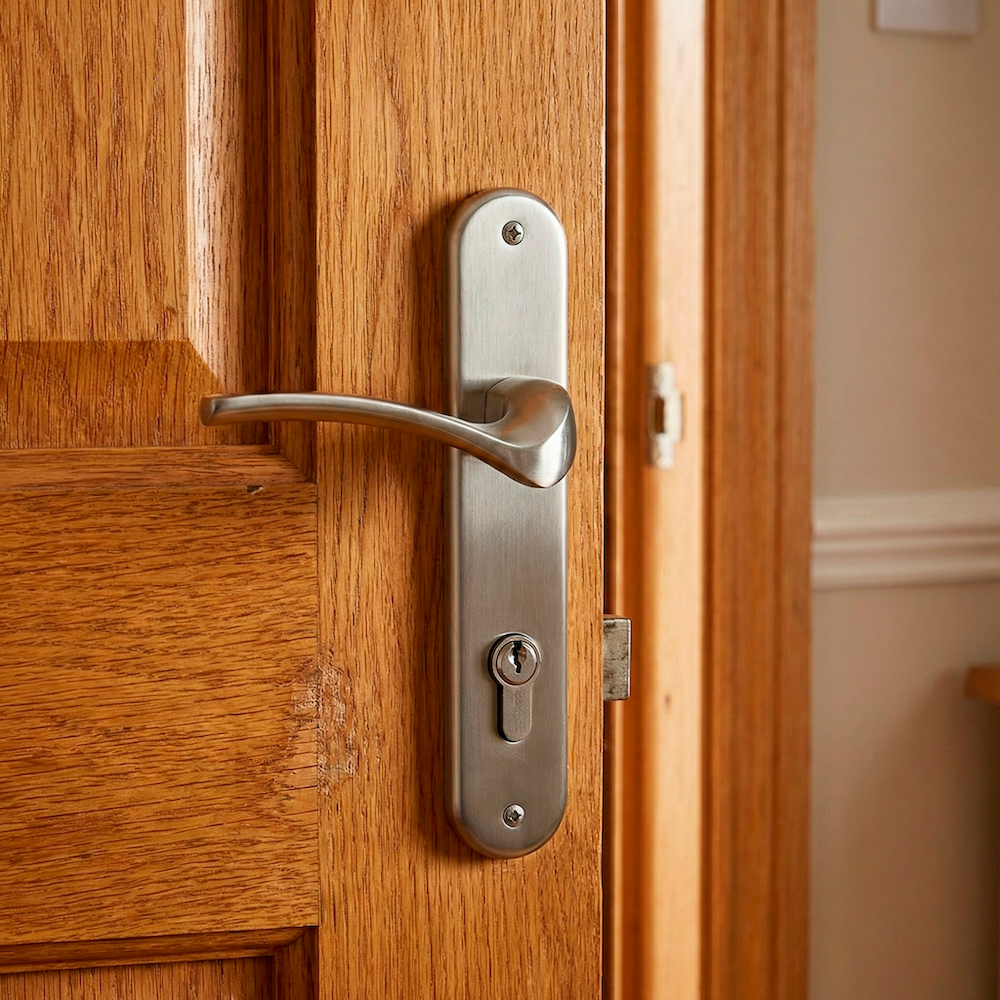 Manilla modelo '930' de zamak con placa ovalada acabado níquel satinado para puertas
