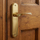 Manilla modelo '130' de zamak con placa ovalada en acabado dorado brillo para puertas