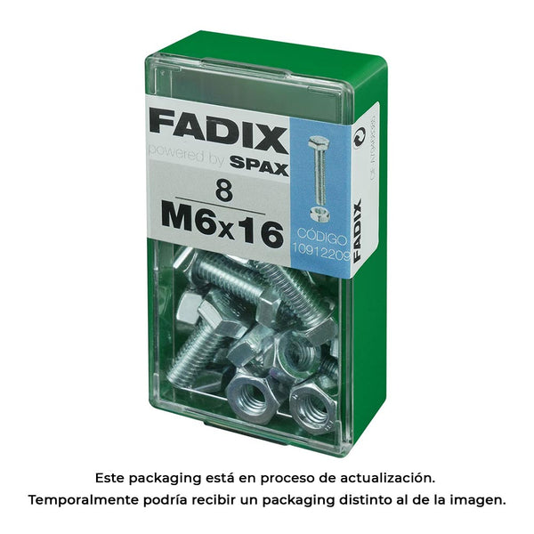 Caja S 8 Unid, Tornillo Metrica Cab Hex+Tuerca Cinc M 6X16Mm Fadix