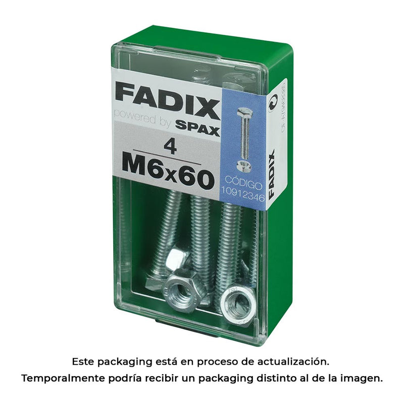 Box S 4 Units, Metric Screw Hex Head + Nut Zinc M 6X60Mm Fadix