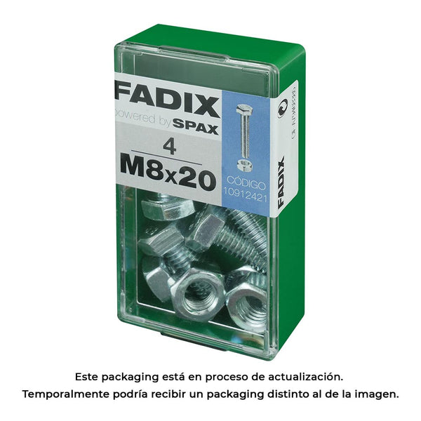 Box S 4 Units, Metric Screw Hex Head + Nut Zinc M 8X20Mm Fadix