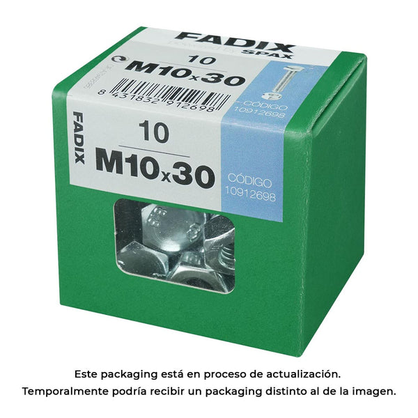 Box L 10 Units, Metric Screw Hex Head + Nut Zinc M 10X30Mm Fadix