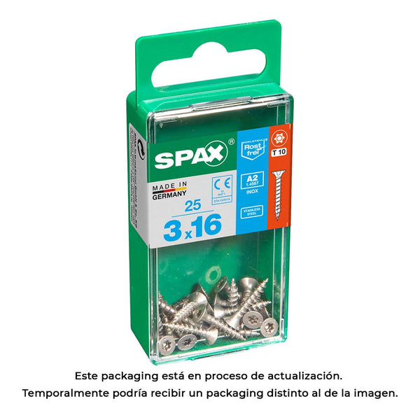 Box of 25 units, Spax Flat Head Wood Screw A2 Stainless Steel 3.0x16mm Spax