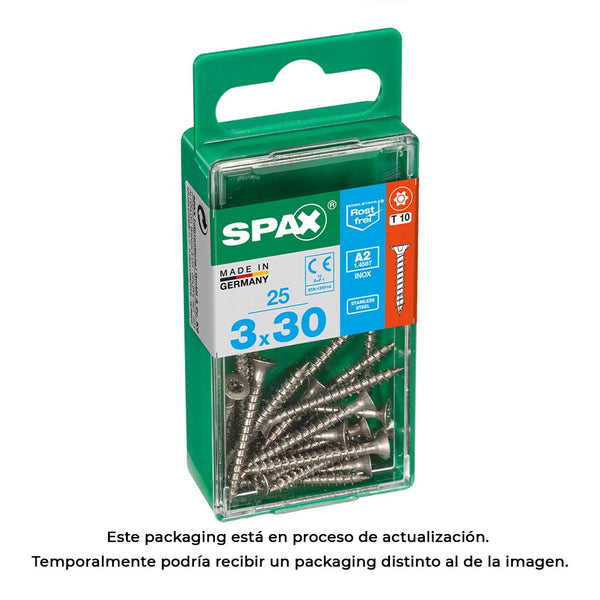 Caja 25 Unid, Tornillo Madera Spax Cabeza Plana Inox A2 3,0X30Mm Spax