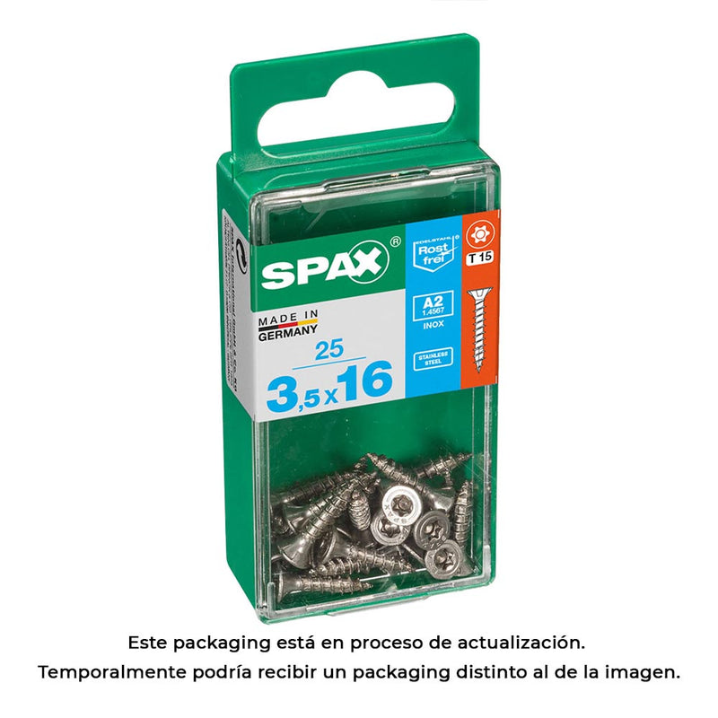 Box of 25 units, Spax Flat Head Wood Screw A2 Stainless Steel 3.5x16mm Spax