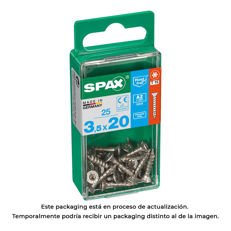 Box of 25 units, Spax Flat Head Wood Screw A2 Stainless Steel 3.5x20mm Spax