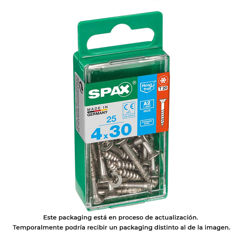 Box of 25 units, Spax Flat Head Wood Screw Stainless Steel A2 4.0x30mm Spax