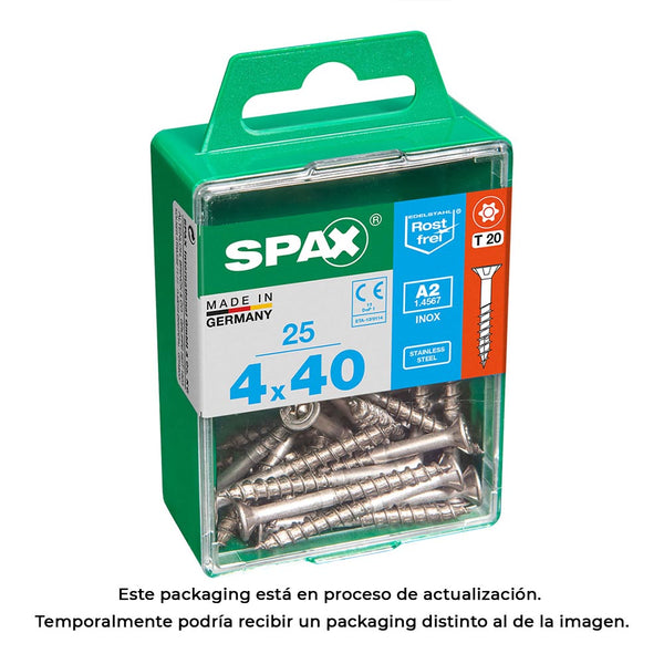 Box of 25 units, Spax Flat Head Wood Screw Stainless Steel A2 4.0x40mm Spax