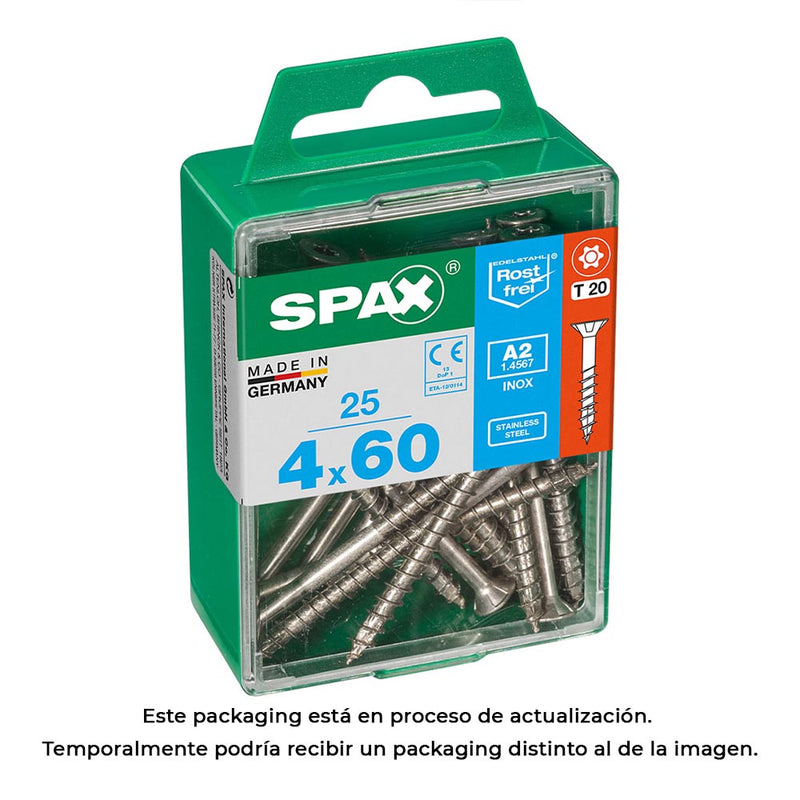 Box of 25 units, Spax Flat Head Wood Screw Stainless Steel A2 4.0x60mm Spax