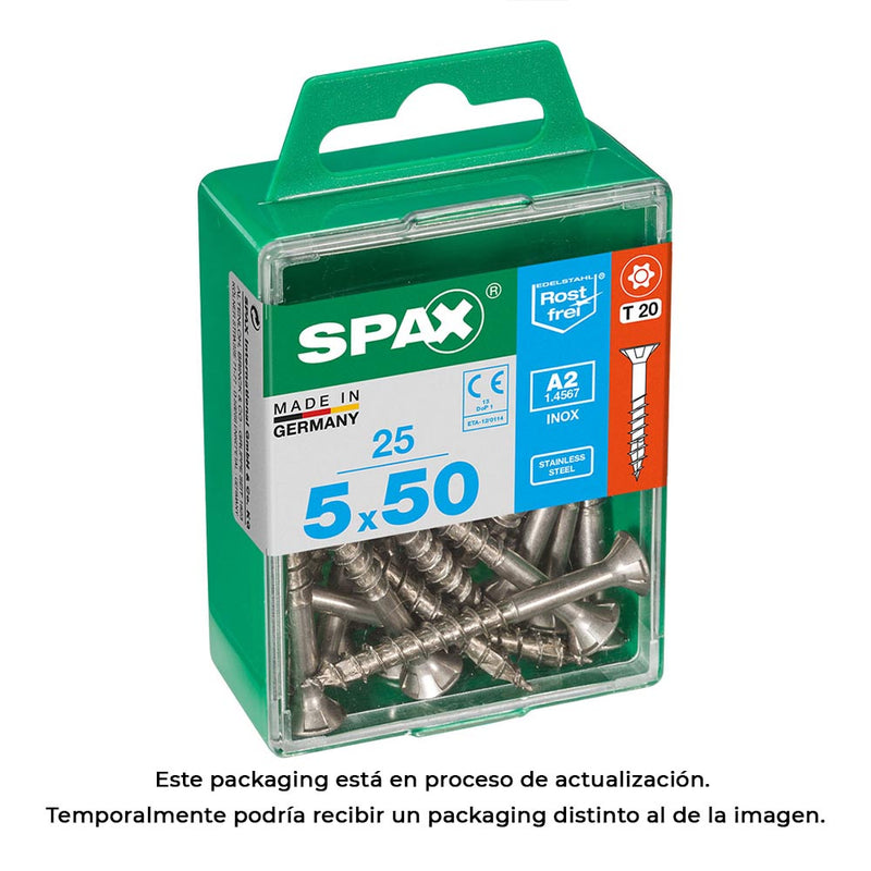 Box of 25 units, Spax Flat Head Wood Screw A2 Stainless Steel 5.0x50mm Spax