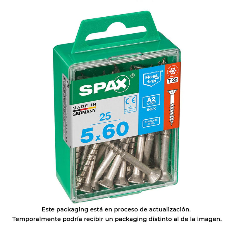 Box of 25 units, Spax Flat Head Wood Screw Stainless Steel A2 5.0x60mm Spax