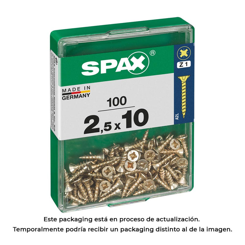 Box of 100 units, Spax flat head wood screw Yellox 2.5x10mm Spax