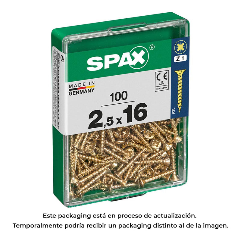 Box 100 Units, Spax Flat Head Wood Screw Yellox 2.5X16Mm Spax