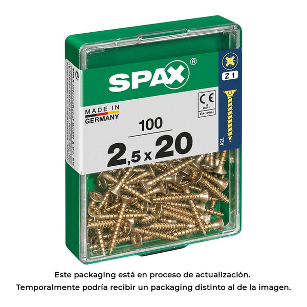 Box of 100 units, Spax flat head wood screw Yellox 2.5x20mm Spax