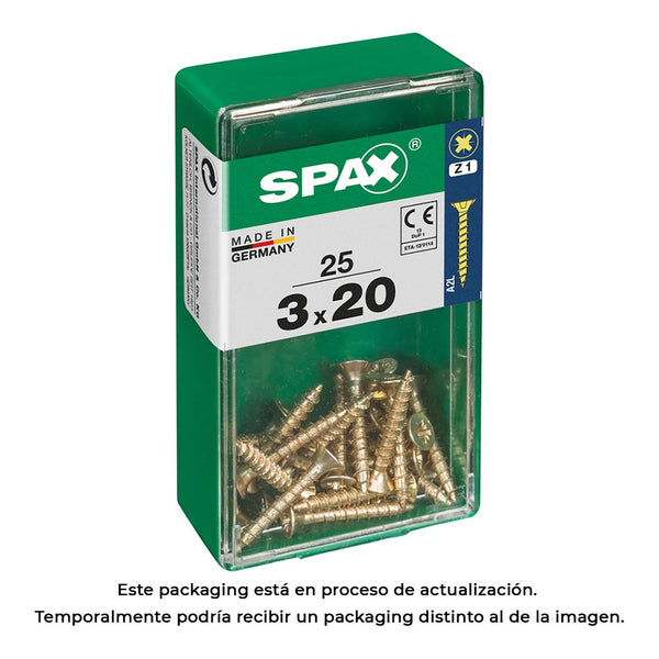 Caja 25 Unid, Tornillo Madera Spax Cabeza Plana Yellox 3,0X20Mm Spax