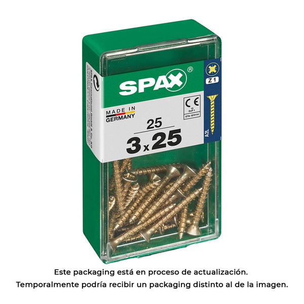 Box 25 Units, Spax Flat Head Wood Screw Yellox 3.0X25Mm Spax